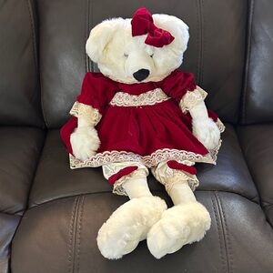 Vintage Plush White Bear in Red Velvet Dress with Lace